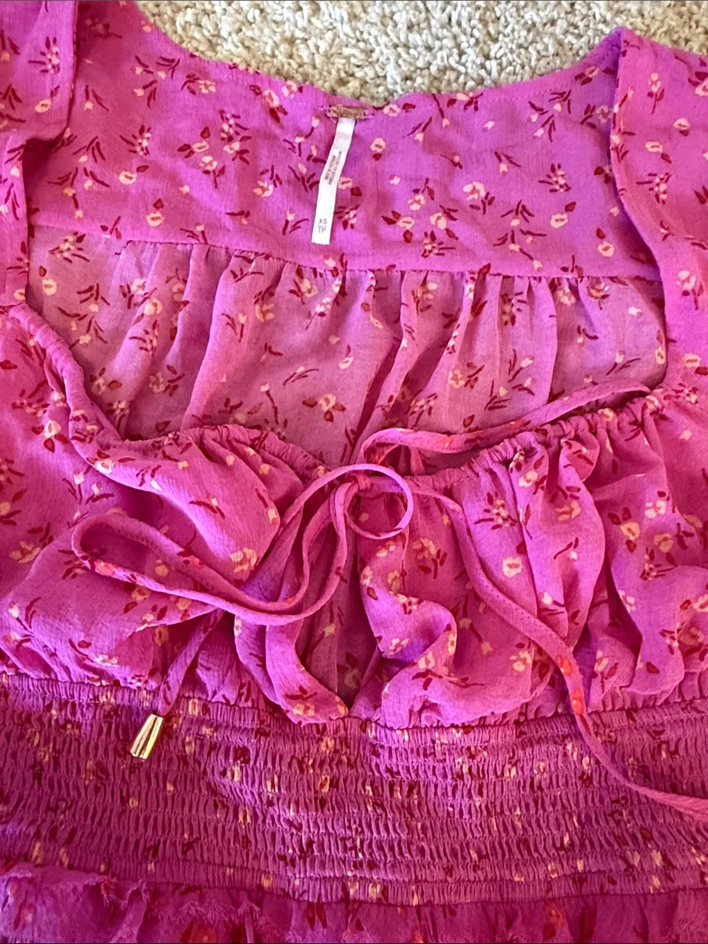 Free People Magenta Smocked Tie-Front Long Sleeve Top